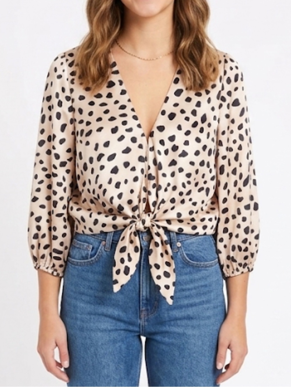 BY TOGETHER Small Champagne Black Spots Tie Front Balloon Sleeve Cropped Top